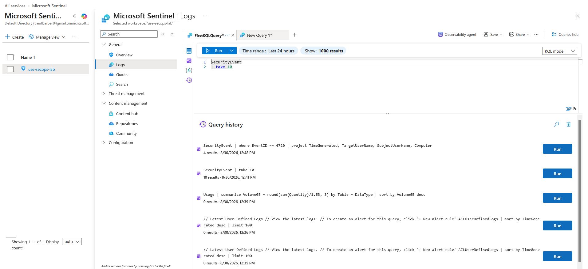 First KQL query confirming SecurityEvent log ingestion