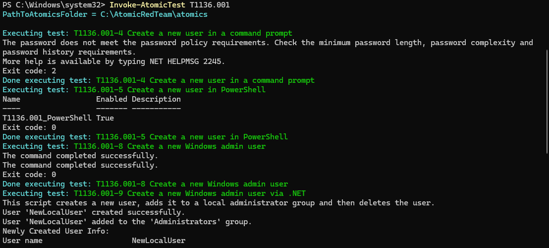 Atomic Red Team executing T1136.001 sub-tests, creating local accounts via CMD, PowerShell, and .NET