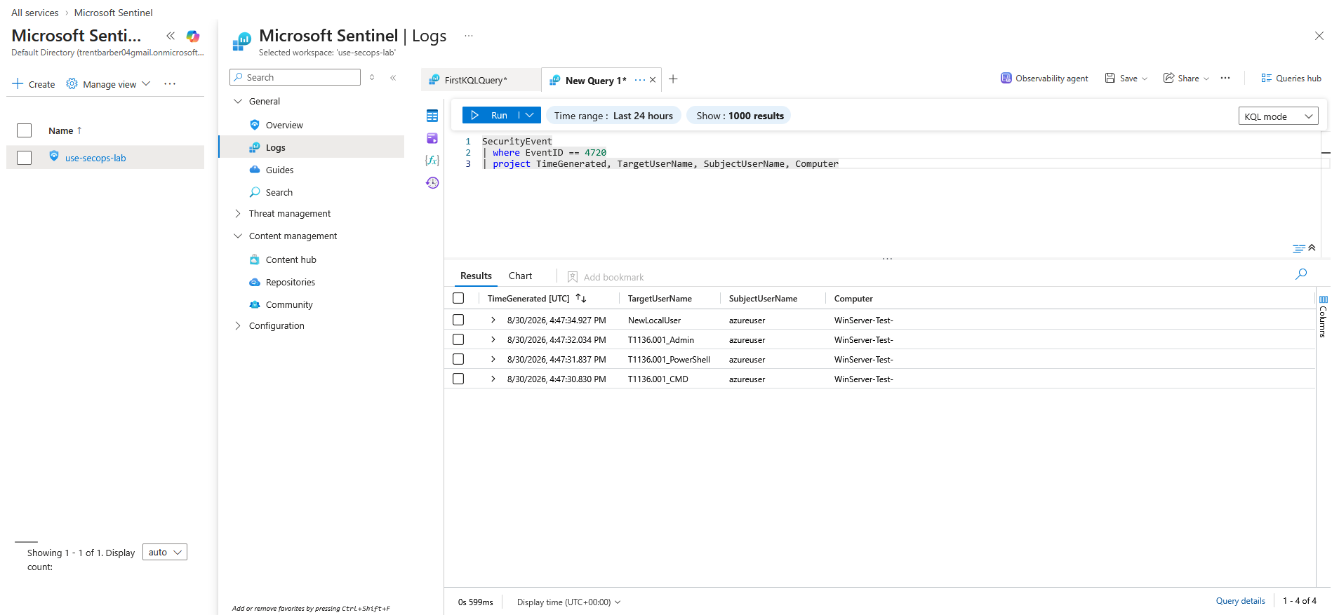 KQL query confirming EventID 4720 account-creation events from the atomic test